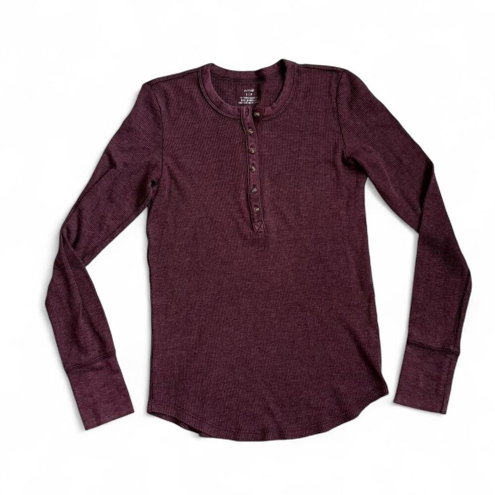 Aerie Burgundy Waffle Long Sleeve Henley Top - Size Small